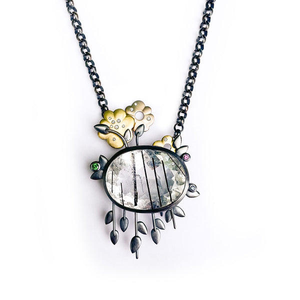 One of a Kind Tourmalinated Quartz, 18kt Gold, Oxidized Sterling Silver, Gemstone and Diamond Flower Pendant Necklace by Diana Vincent