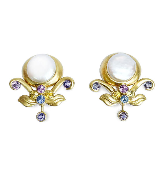 Coin Pearl, Sapphire, and Yellow Gold Nature Inspired Earrings by Diana Vincent