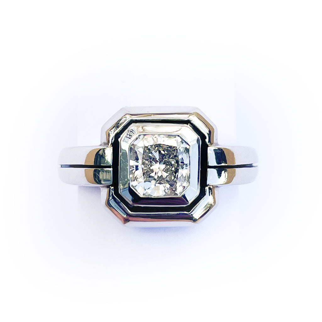 Radiant Cut Diamond Ring in Platinum with black accents bold Designer Ring by Diana Vincent