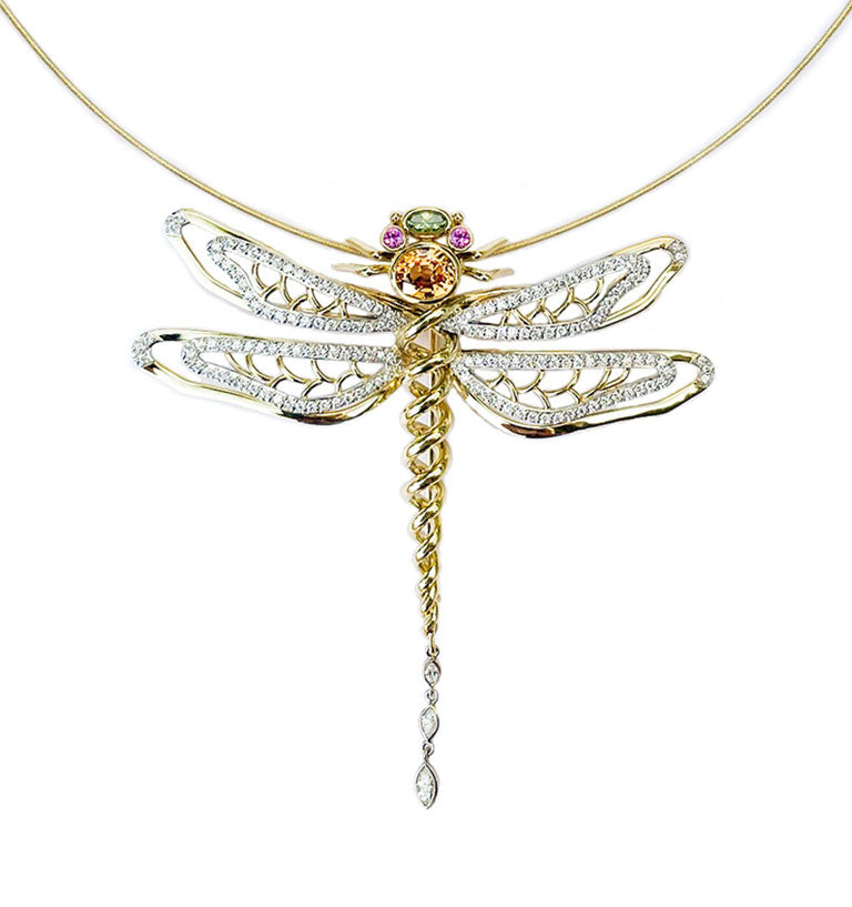 Dragonfly Platinum and Yellow Gold, Diamond, Peridot, Pink Sapphire, Orange Sapphire Brooch by Diana Vincent