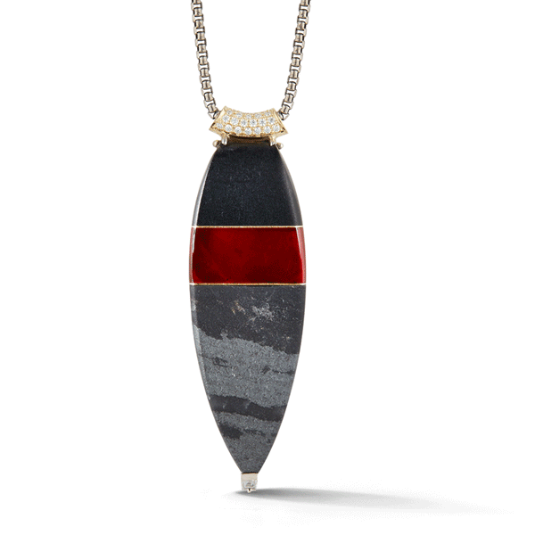 Shop the Carved Black Jade, Rhodolite Garnet, Striped Hematite and Diamond Necklace Online