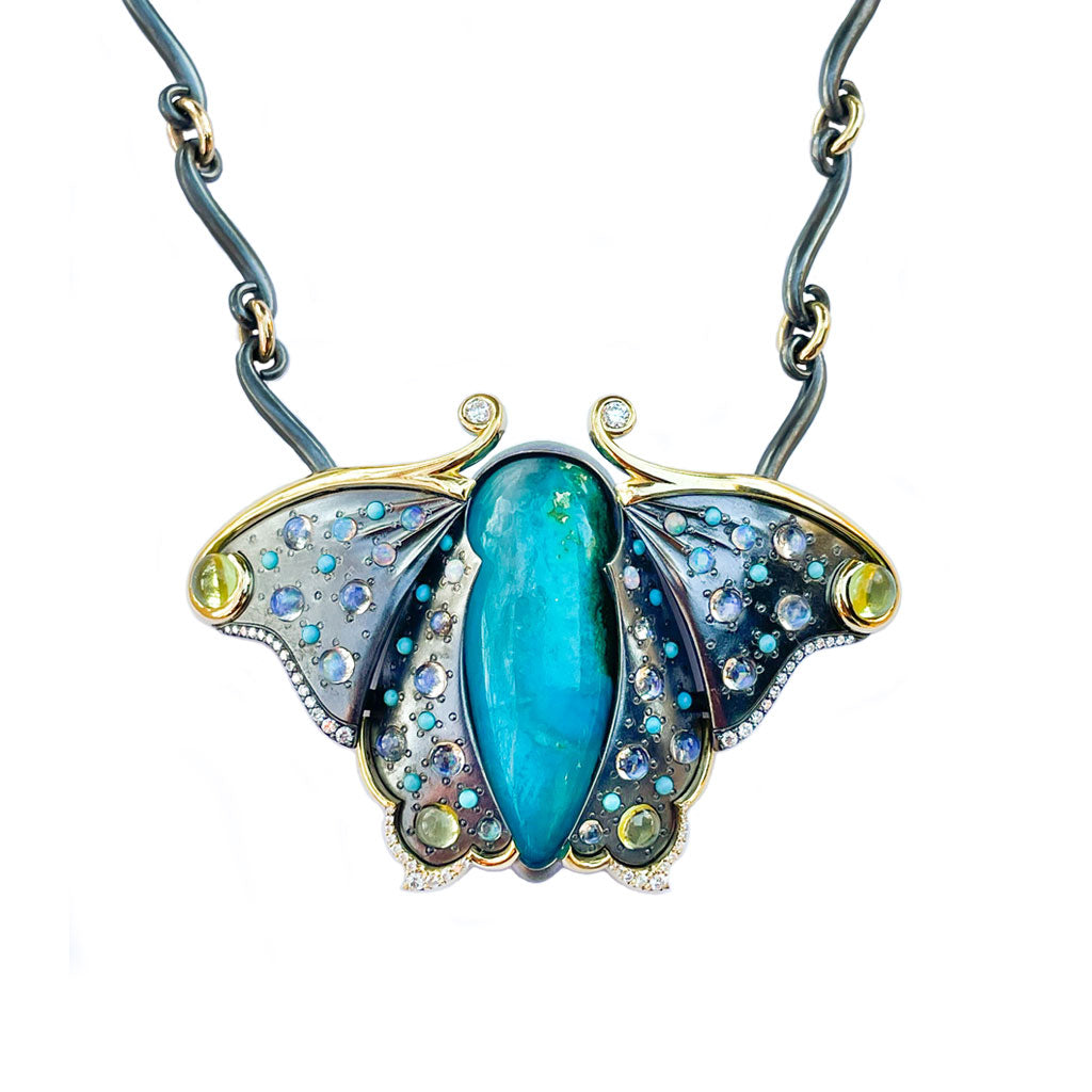 One of a Kind Gem Silica Chrysocolla, Moonstone, Peridot, Opal, Turquoise and Diamond Pendant Necklace in Yellow Gold and Oxidized Sterling Silver by Diana Vincent