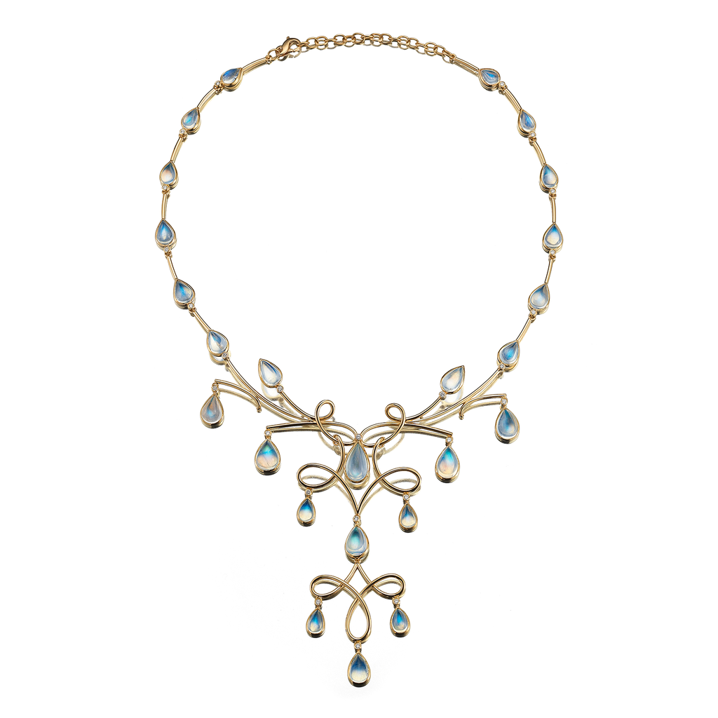 Unique Kaleidoscope Natural Rainbow Moonstone and Yellow Gold Necklace by Diana Vincent