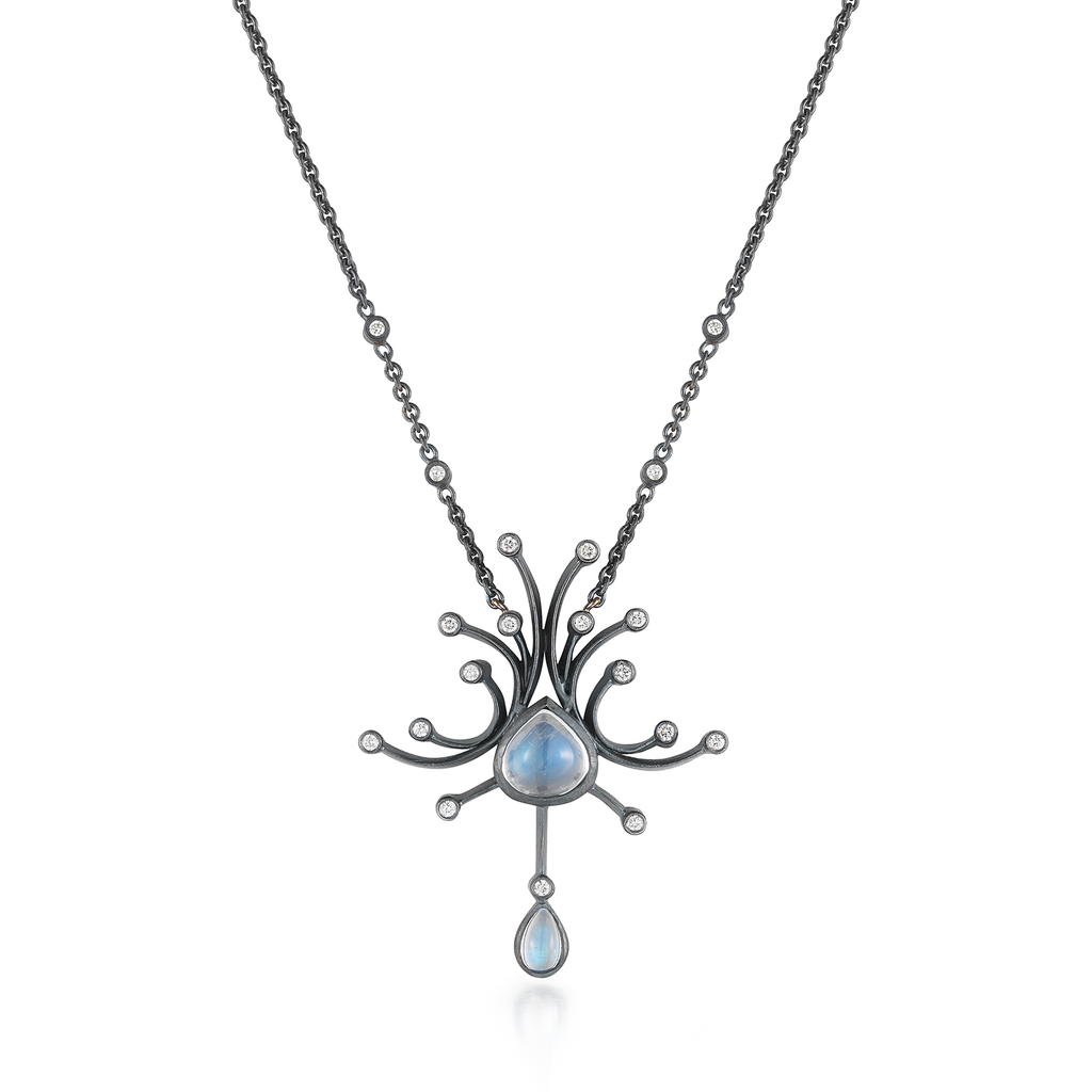Sprinkled Diamond and Moonstone Gemstone Black Oxidized Sterling Silver Pendant Necklace by Diana Vincent