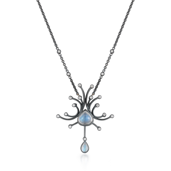 Sprinkled Diamond and Moonstone Gemstone Black Oxidized Sterling Silver Pendant Necklace by Diana Vincent