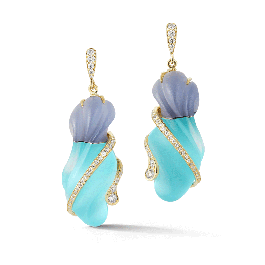 Shop the Carved Blue Chalcedony, Turquoise, Rock Crystal and Diamond Earring Online
