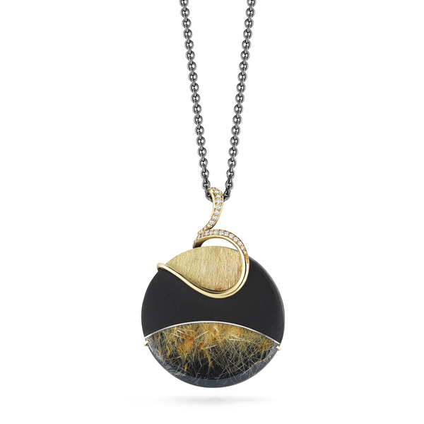 Carved Rutilated Quartz, Black Tourmaline and Diamond Pendant Necklace by Diana Vincent