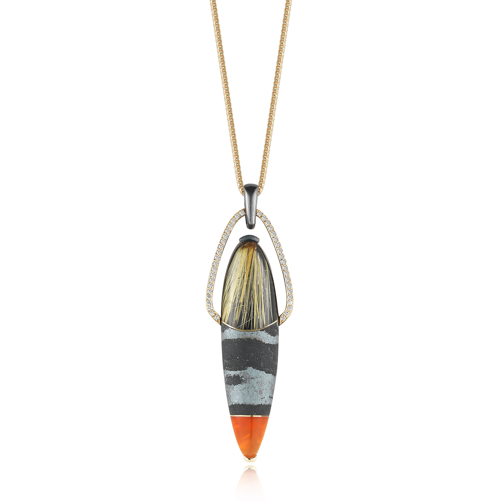 Carved Hematite, Mexican Opal, Rutilated Quartz and Diamond Pendant Necklace by Diana Vincent