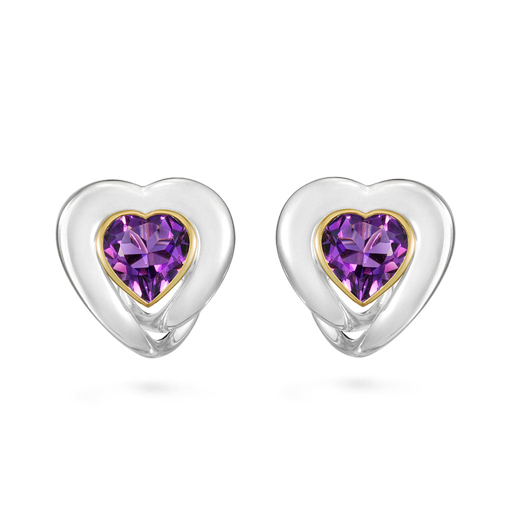 Amethyst Heart Love Design Earrings in Yellow Gold and Sterling Silver by Diana Vincent