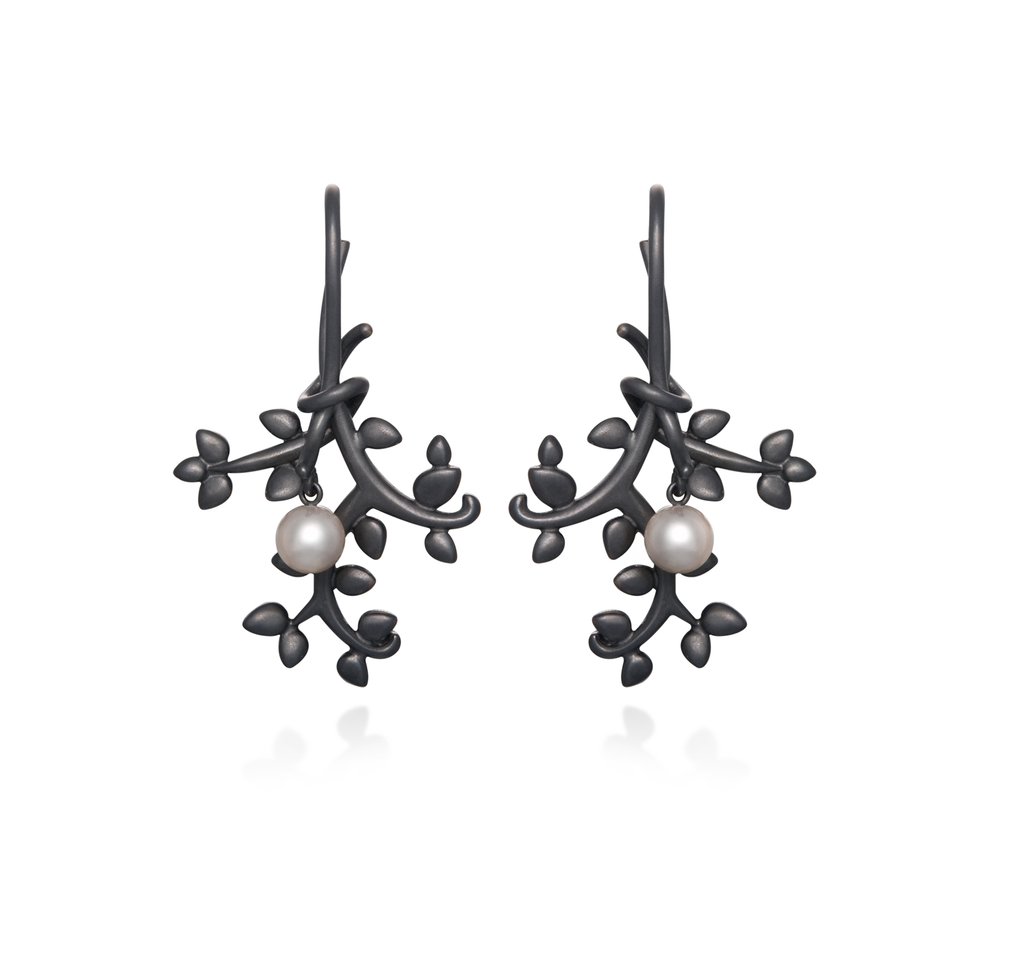 Leaf Nature Inspired Pearl and Oxidized Sterling Silver Earrings by Diana Vincent