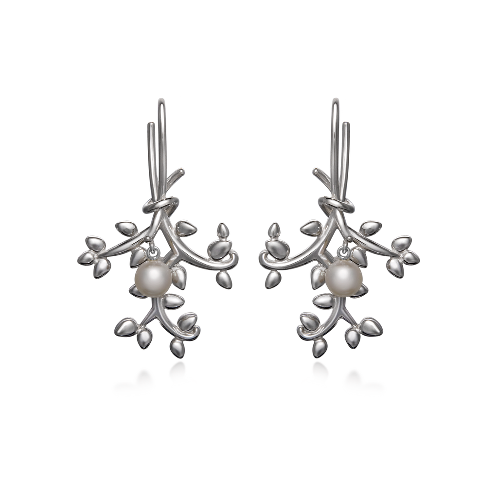 Leaf Nature Inspired Pearl and Sterling Silver Earring by Diana Vincent