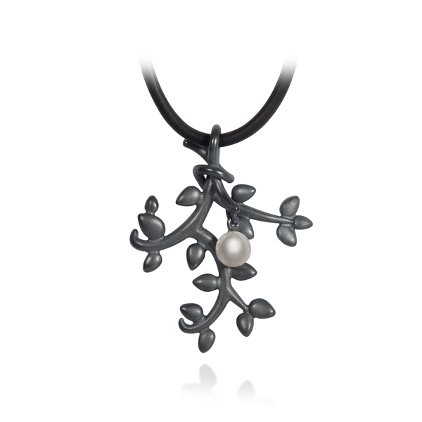 Leaf Nature Inspired Small Pearl and Oxidized Sterling Silver Pendant by Diana Vincent