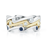 Contour Wave Blue Sapphire White Diamond Gold Stack Bands