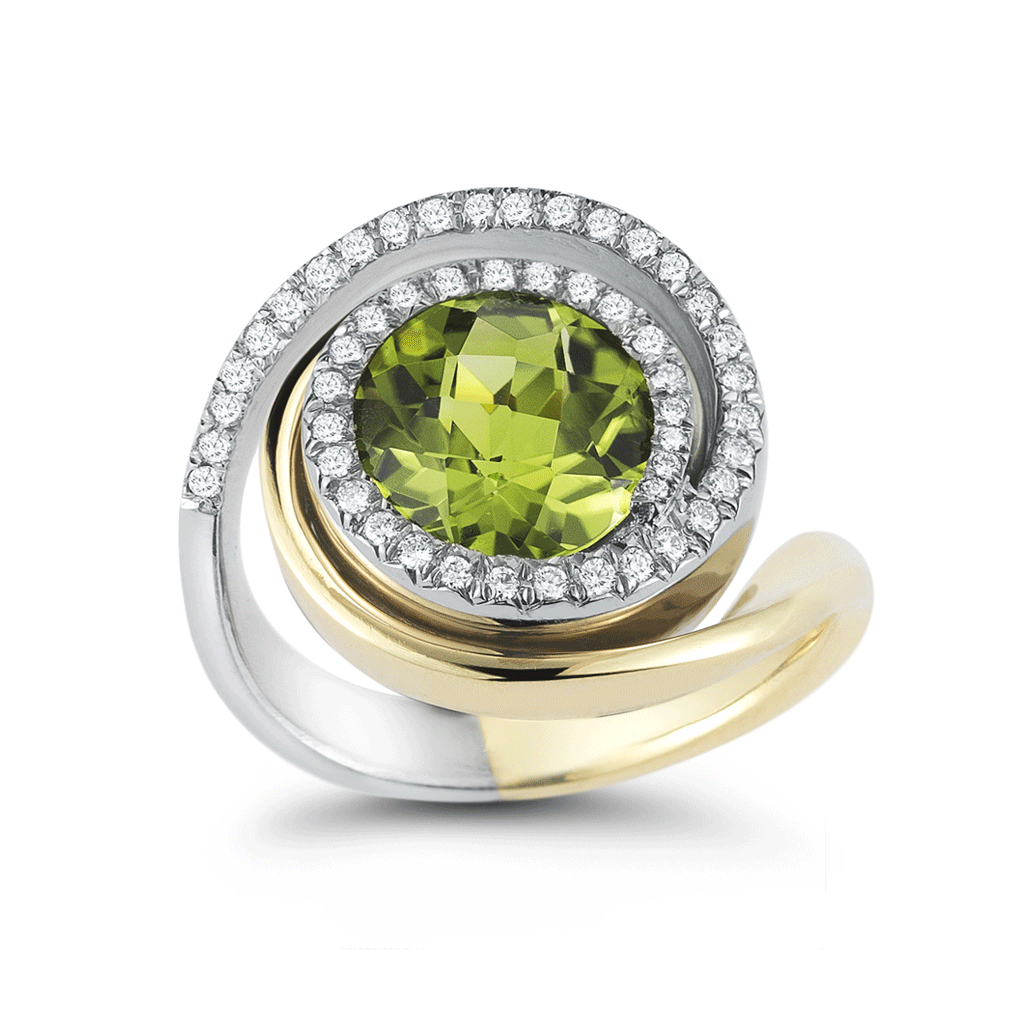 Peridot Gemstone, Diamond, White and Yellow Gold Swirl Ring by Diana Vincent