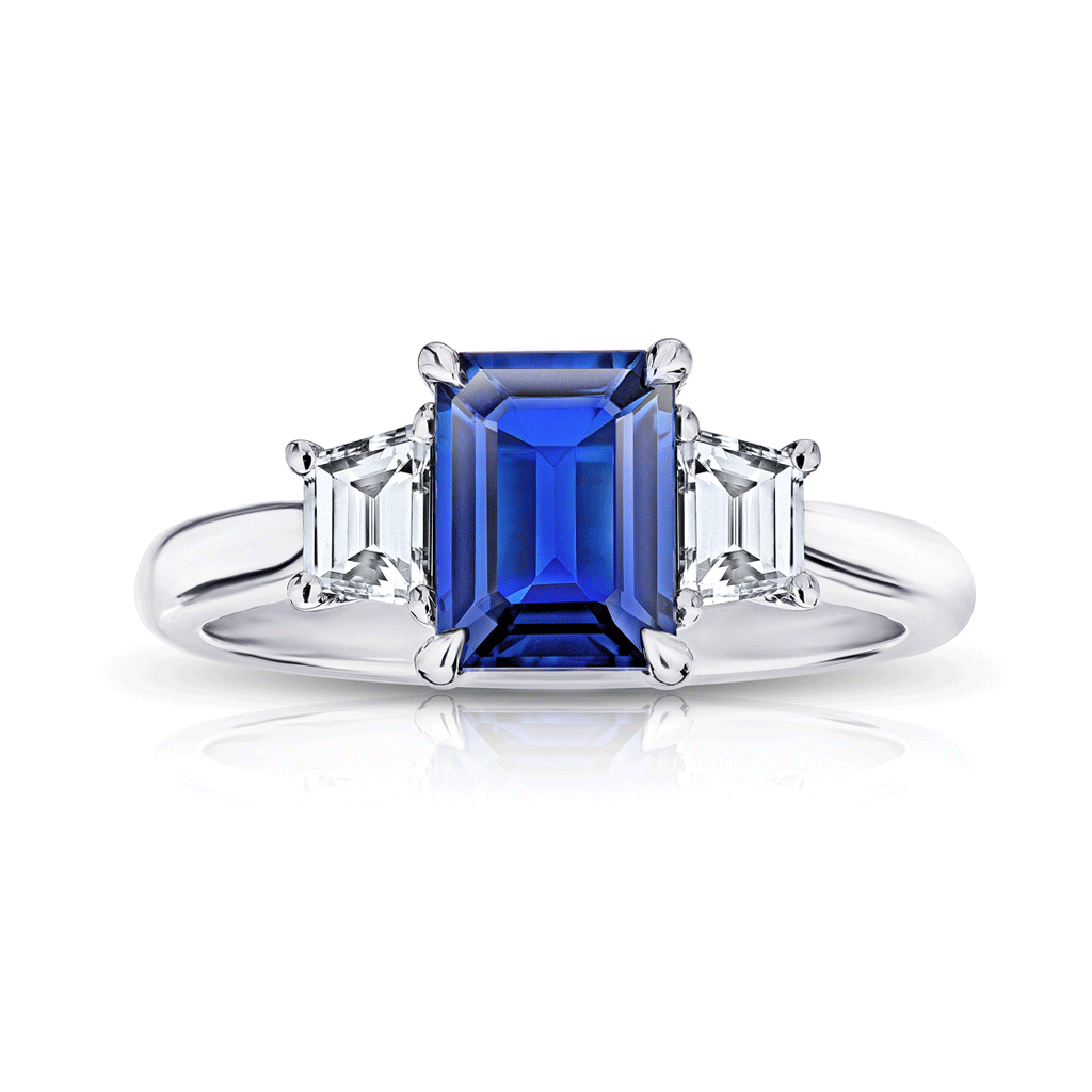 Shop the Classic Blue Sapphire and Diamond Three Stone Platinum Engagement Ring Online