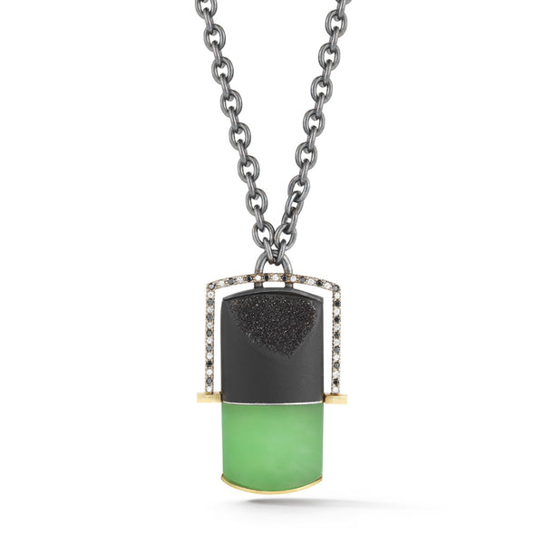 Carved Chrysoprase, Druzy Gemstone and Black & White Diamond Pendant Necklace by Diana Vincent