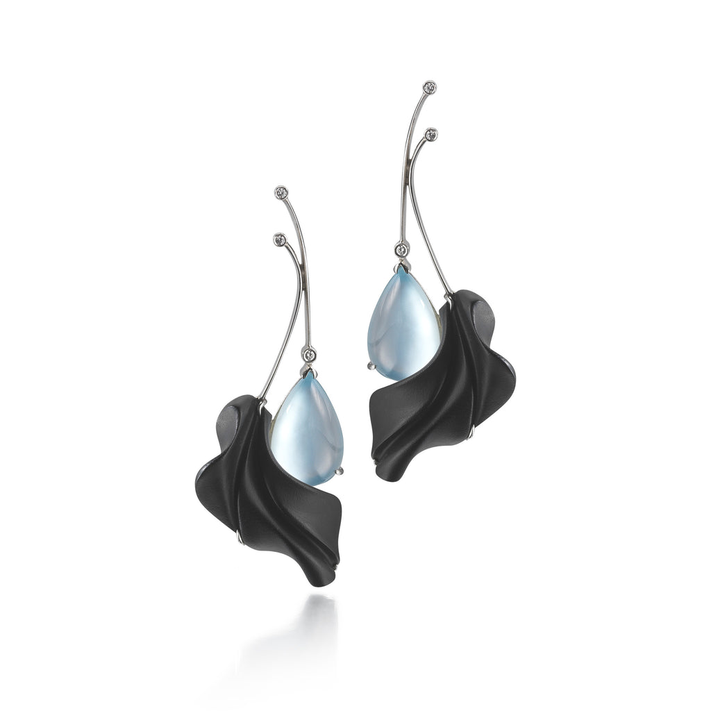 Carved Black Onyx, Blue Topaz Gemstone and Diamond Earrings by Diana Vincent