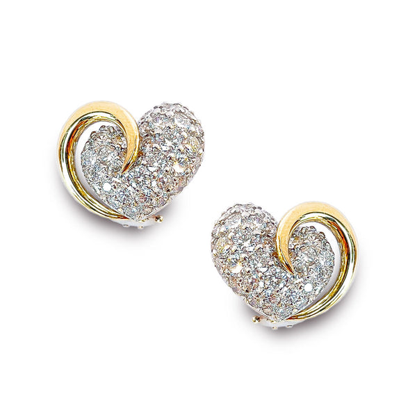 Heart Love Design Pave Diamond, Platinum, and 18Kt Yellow Gold Earrings by Diana Vincent
