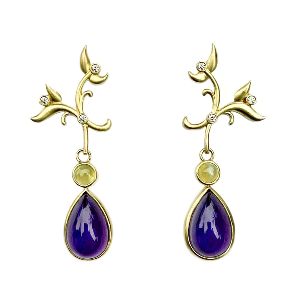 Leaf Diamond and Yellow Gold Earrings with Pear Shape Amethyst and Chrysoberyl Drops by Diana Vincent