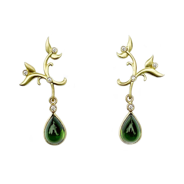 Leaf Diamond and Yellow Gold Earrings with Pear Shape Green Tourmalines Drops by Diana Vincent