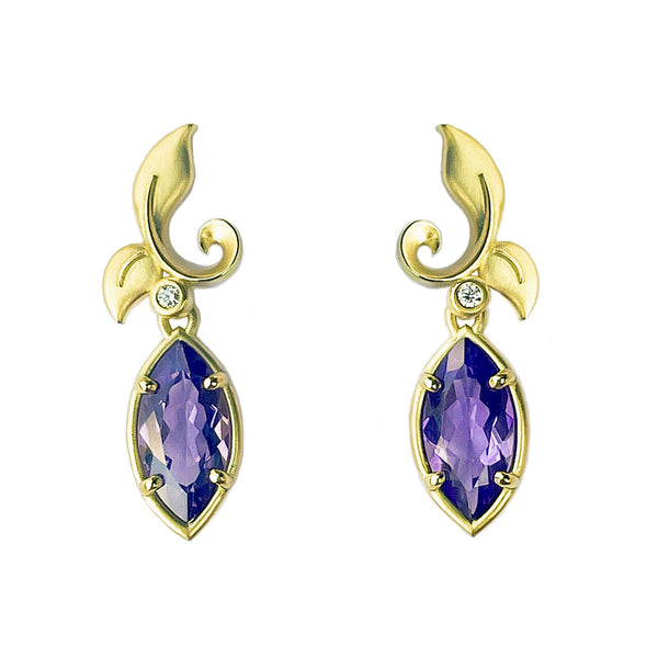 Leaf Diamond and Yellow Gold Earrings with Amethyst Marquise Drops by Diana Vincent