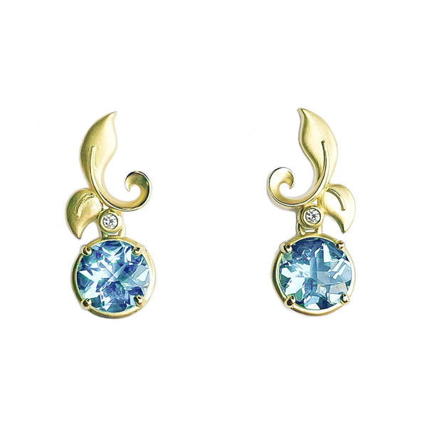 Leaf Diamond and Yellow Gold Earrings with Blue Topaz Drops by Diana Vincent