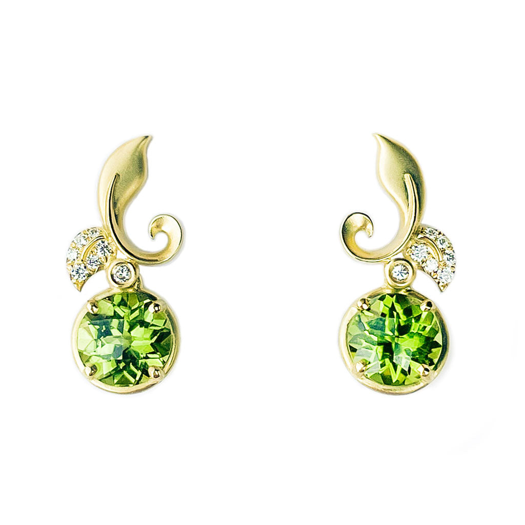 Leaf Diamond and Yellow Gold Earrings with Pave Diamonds and Peridot Drops by Diana Vincent