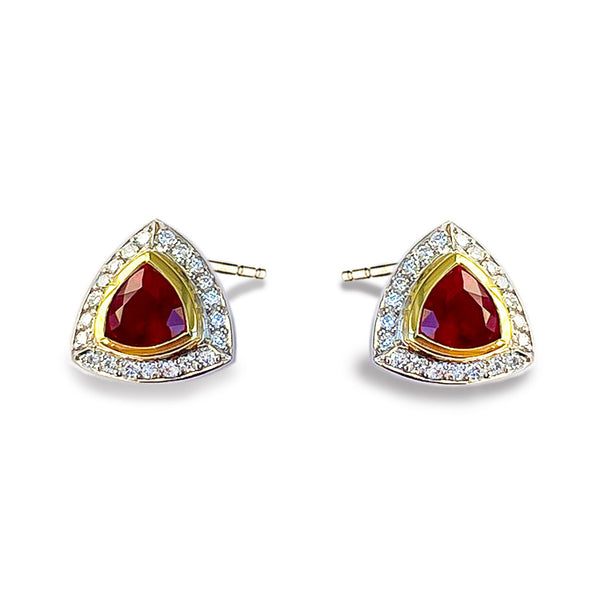 Trillion Ruby, Diamond, 18kt Yellow Gold and Platinum Earrings by Diana Vincent