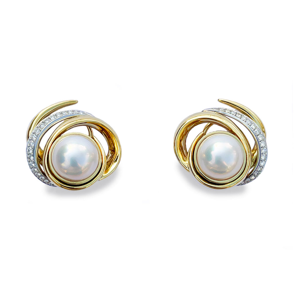 Mabe Pearl, Diamond, Platinum, Yellow Gold Nature Inspired Earrings by Diana Vincent