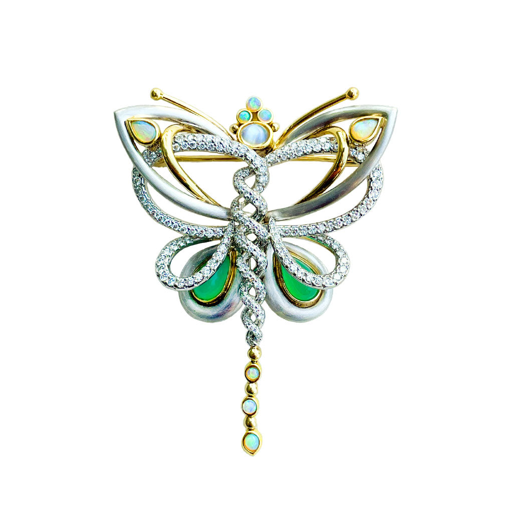 Butterfly Pin in Platinum and Yellow Gold, Diamonds, Opals, Chrysoprase and Moonstone by Diana Vincent