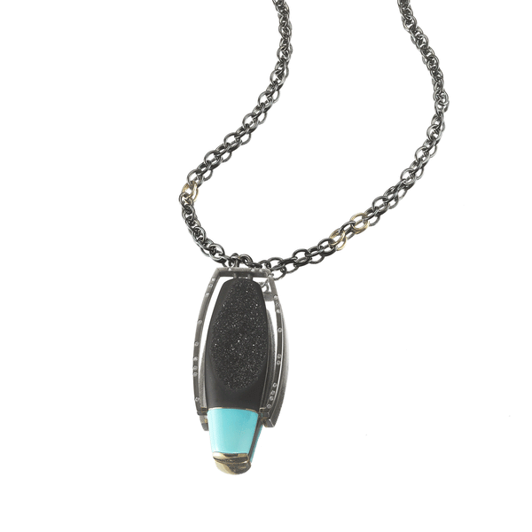 Carved Black Onyx Druzy, Turquoise and Diamond Pendant