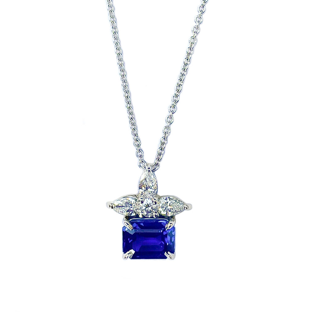 Classic Emerald Cut Blue Sapphire and Diamond Pendant by Diana Vincent
