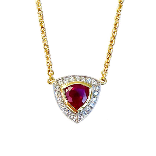Trillion Ruby, Diamond, 18kt Yellow Gold and Platinum Pendant by Diana Vincent