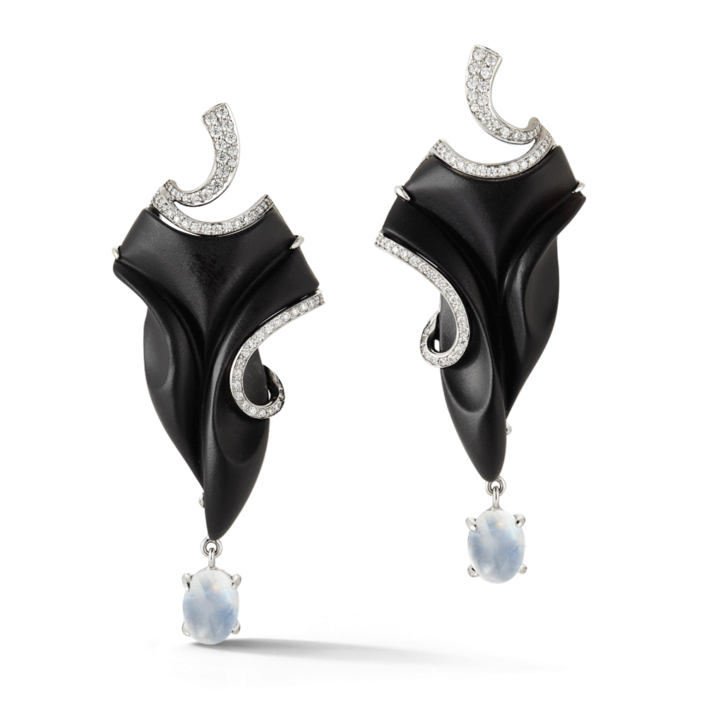 Shop the Carved Black Onyx, Oval Rainbow Moonstone and Diamond Earrings Online