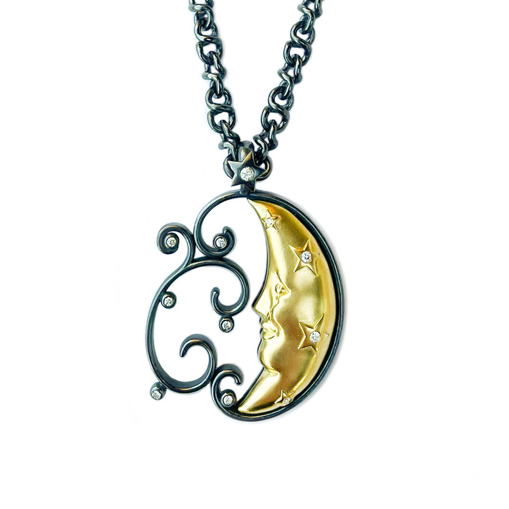 One of a Kind 18kt Yellow Gold, Oxidized Sterling Silver and Diamond Moon Pendant Necklace by Diana Vincent