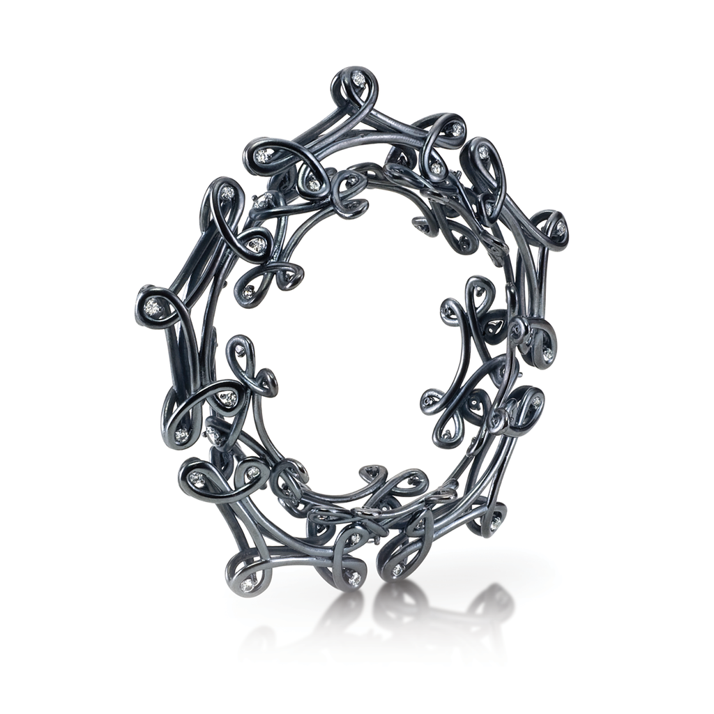 Twisting Unique Kaleidoscope White Sapphire and Black Oxidized Sterling Silver Bracelet by Diana Vincent