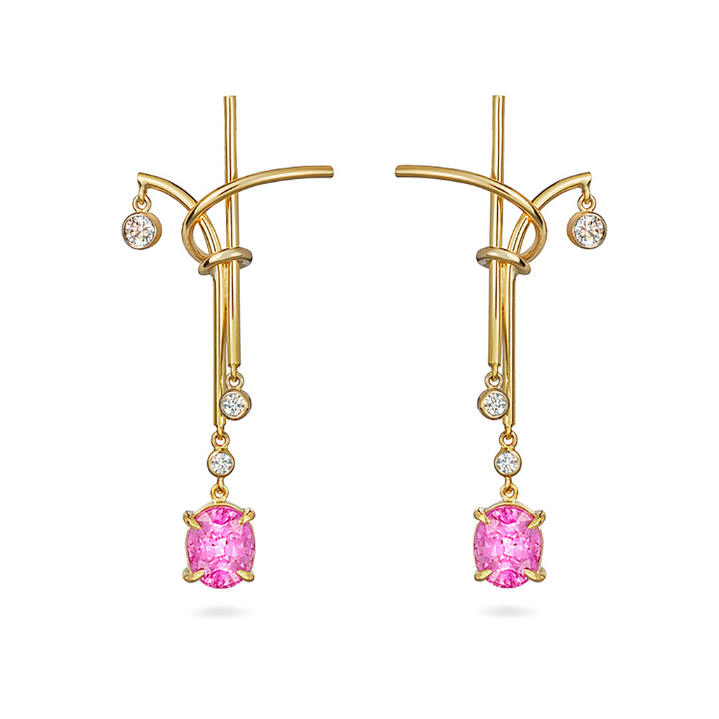 Pink Sapphire Gemstone and Yellow Gold Splash Chandelier Earrings by Diana Vincent