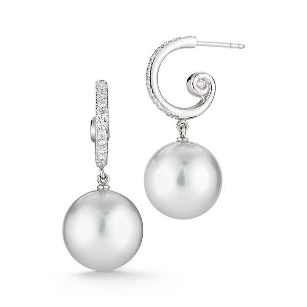 South Sea Pearl and Diamond Swirl Earrings by Diana Vincent