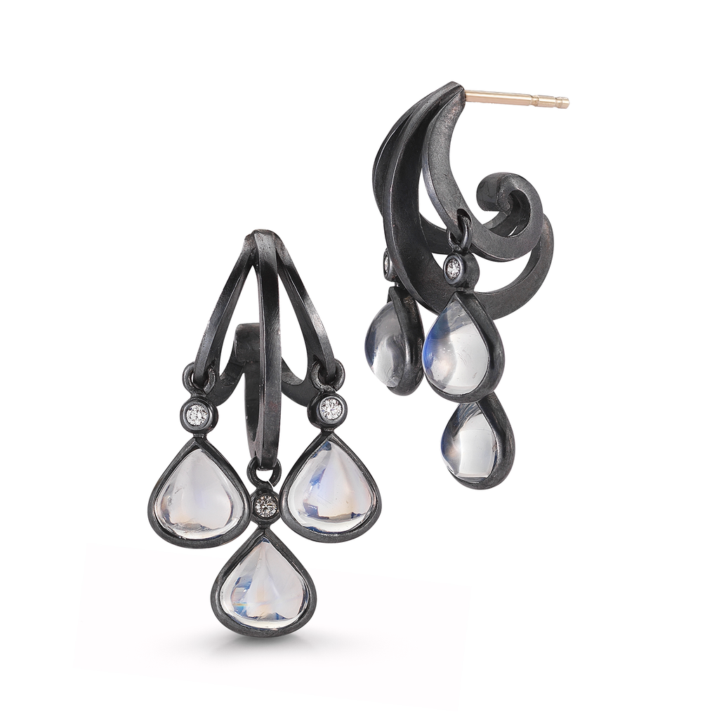 Three-Tier Moonstone Gemstone, Diamond and Black Oxidized Silver Earrings by Diana Vincent
