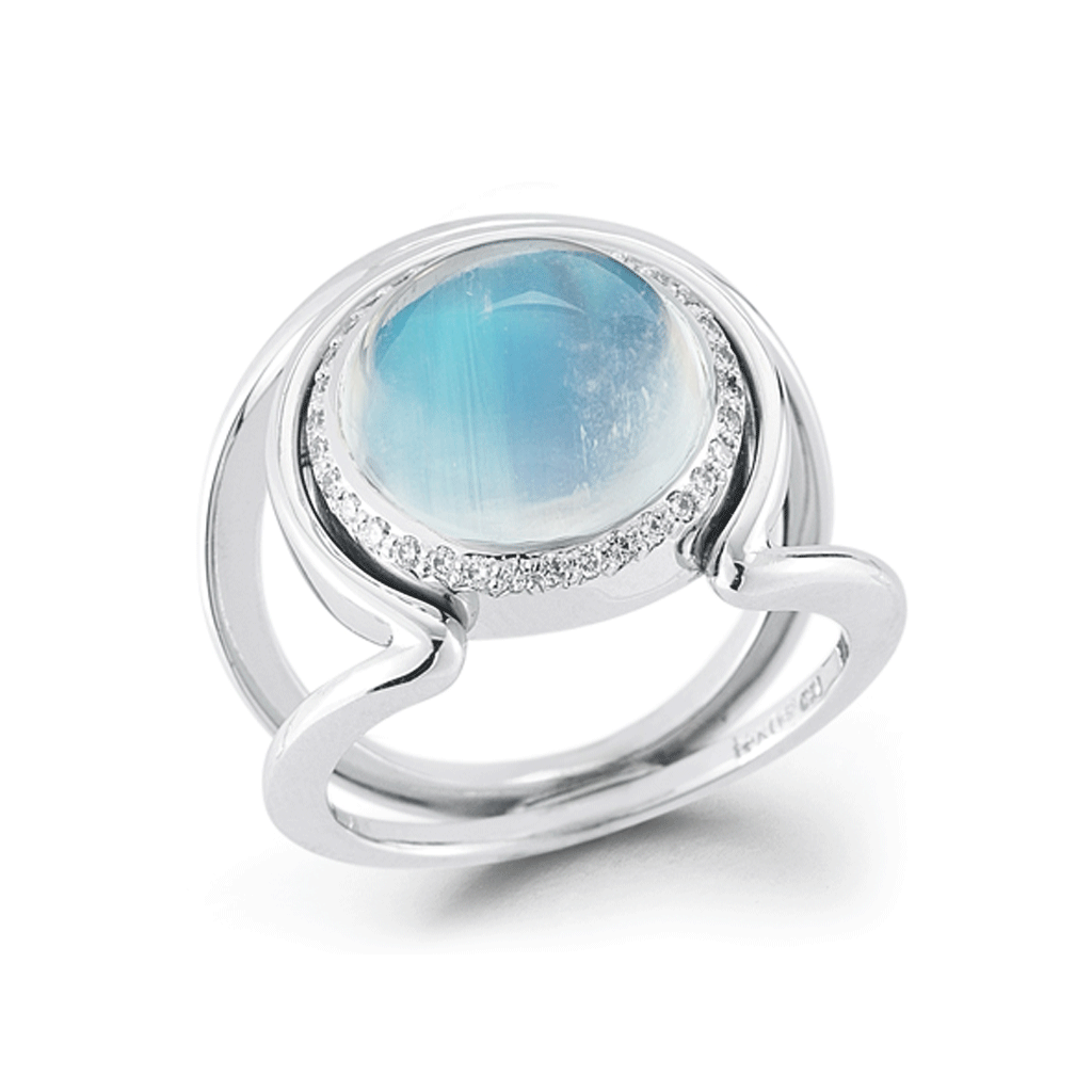 Cabochon Moonstone Diamond and White Gold Ring