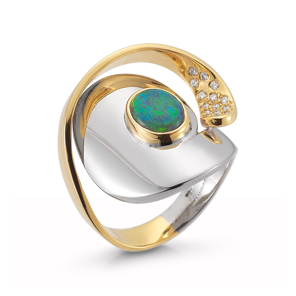 Large Black Opal Gemstone and Diamond Yellow and White Gold Wrap Ring by Diana Vincent