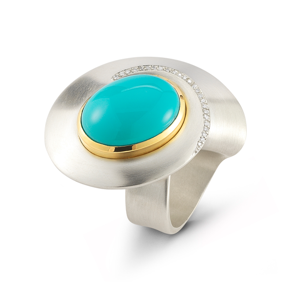 Kaleidoscope Large Turquoise and Diamond Sterling Silver and Yellow Gold Ring by Diana Vincent