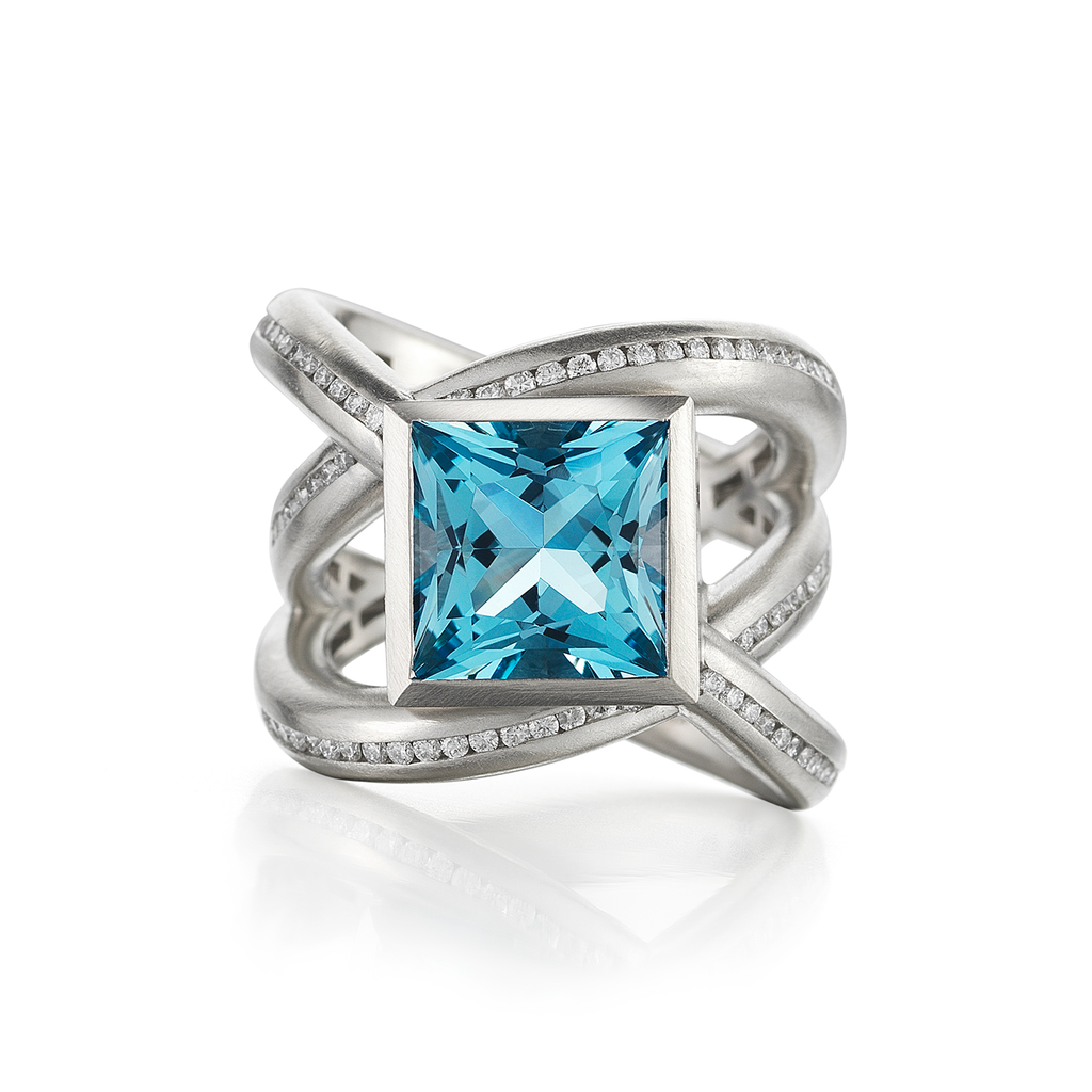 Enwrapped Large Aquamarine Gemstone and Diamond Pave Ring by Diana Vincent