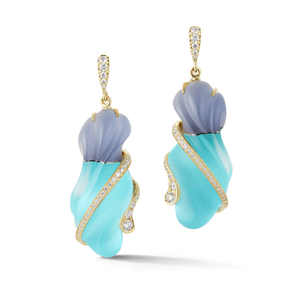 Shop the Carved Blue Chalcedony, Turquoise, Rock Crystal and Diamond Earring Online