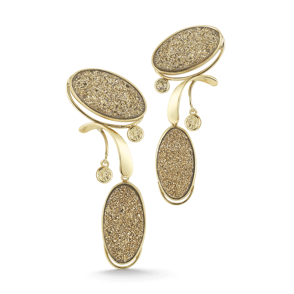 Original Gold Druzy, Natural Yellow Sapphire  & Yellow Gold Earrings by Diana Vincent