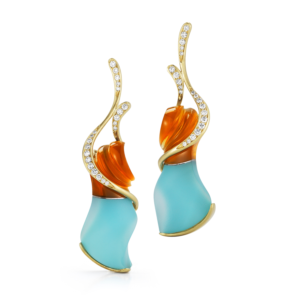 "Fire" Carved Turquoise, Rock Crystal, Citrine Gemstone and Diamond Earrings by Diana Vincent