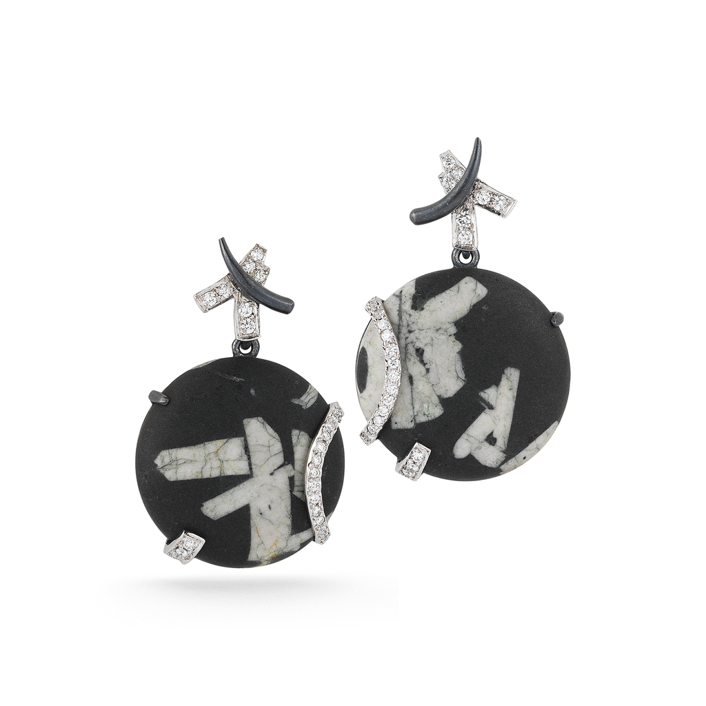 Round Chinese Writing Stone and Diamond Earrings by Diana Vincent