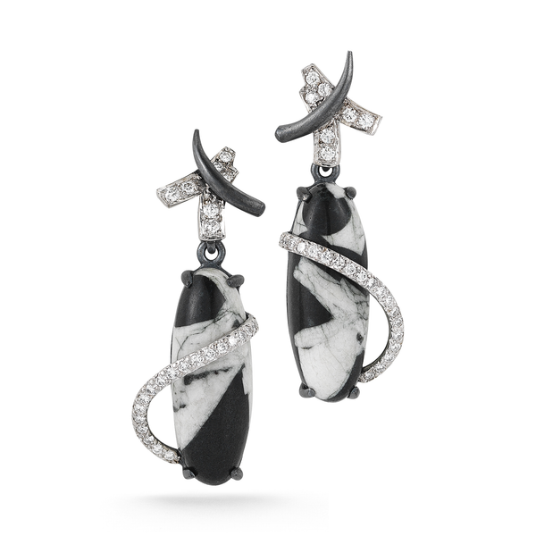 Dangle Chinese Writing Stone and Diamond Earrings by Diana Vincent