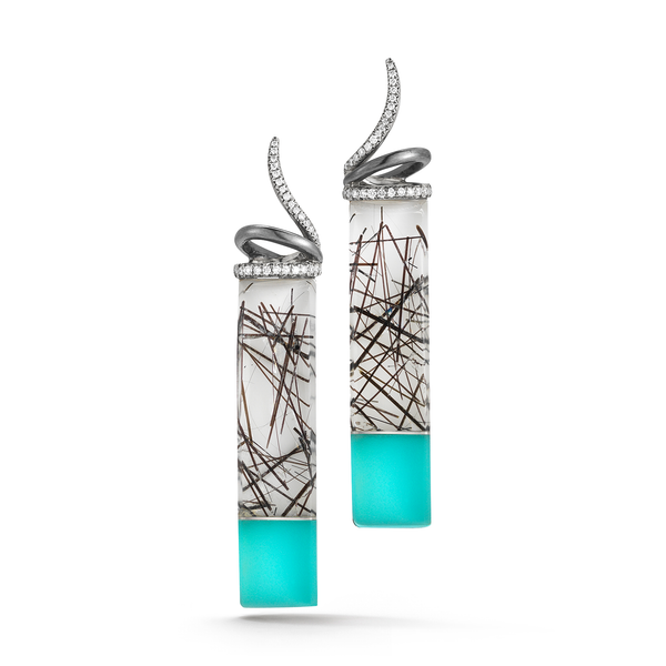 Carved Tourmaline Quartz, Turquoise, Rock Crystal and Diamond Earrings by Diana Vincent