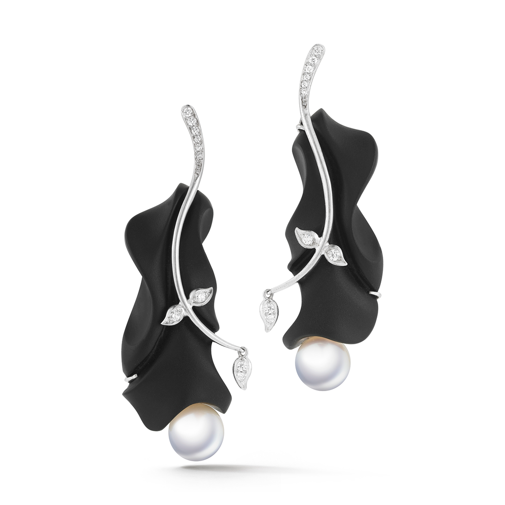 Carved Black Jade, Pearl and Diamond Leaf Vine Earrings by Diana Vincent